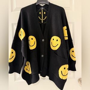 EUC Dressed in LALA Black and Yellow Smiley Face Cardigan Sweater L/XL